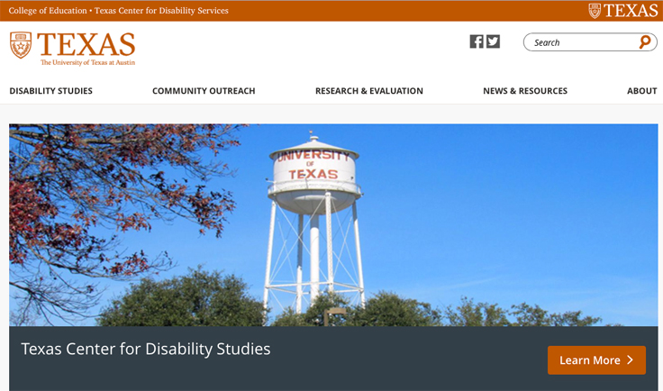 Screenshot of the Texas Center for Disability Studies web home page