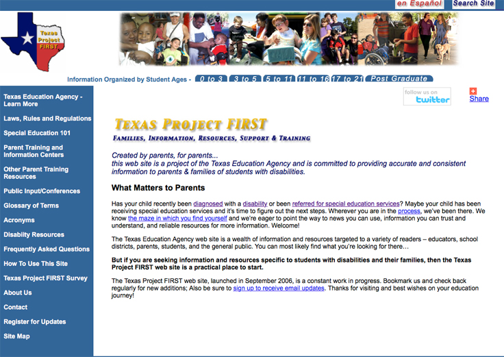 Screenshot of the Texas Project FIRST web home page