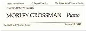 business card from Morley Grossman, pianist, The University of Texas