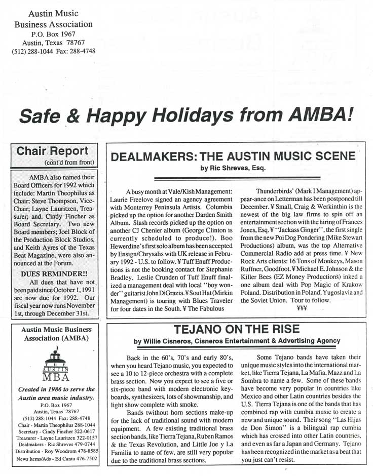 Austin Music Business Association chaired by Martin Theophilus Newsletter December 1991 p2